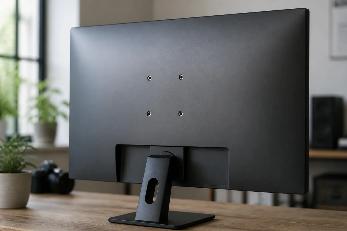 Arrière d&rsquo;un moniteur posé sur un bureau, quatre trous filetés VESA visibles
