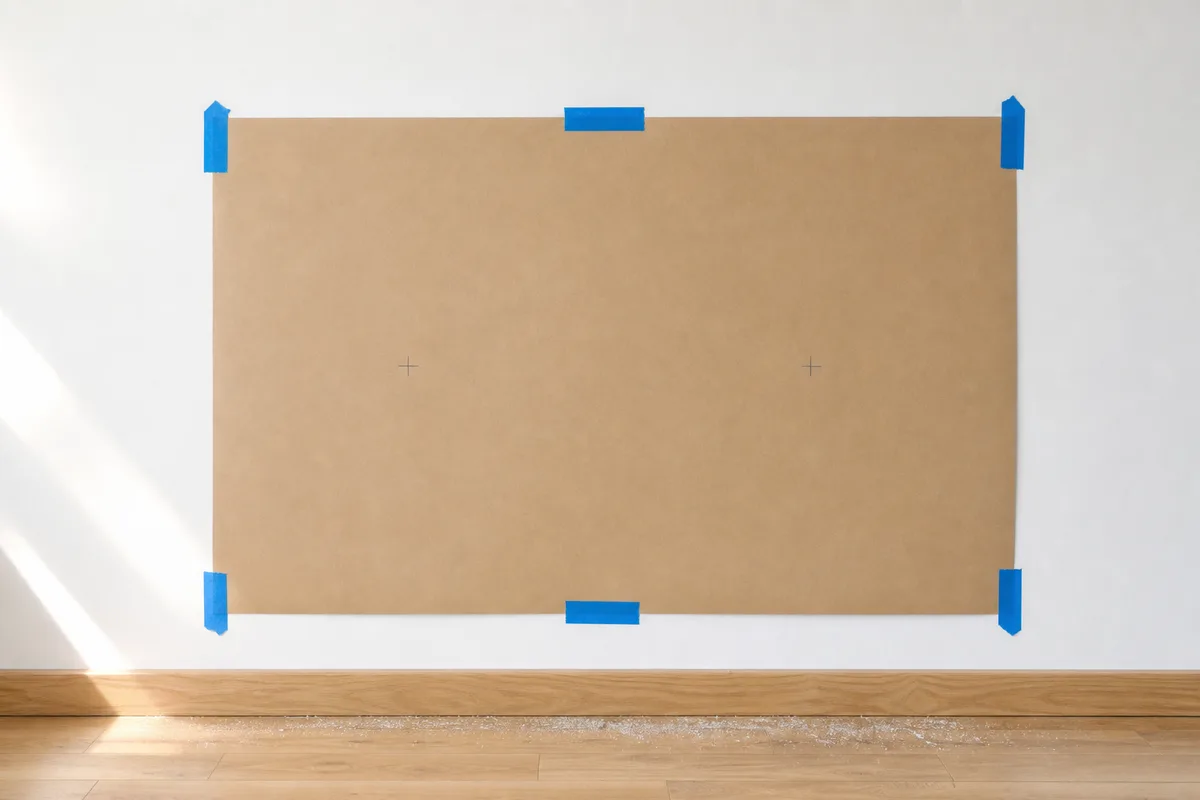 Perceuse et gabarit de perçage posés contre un mur clair avant fixation