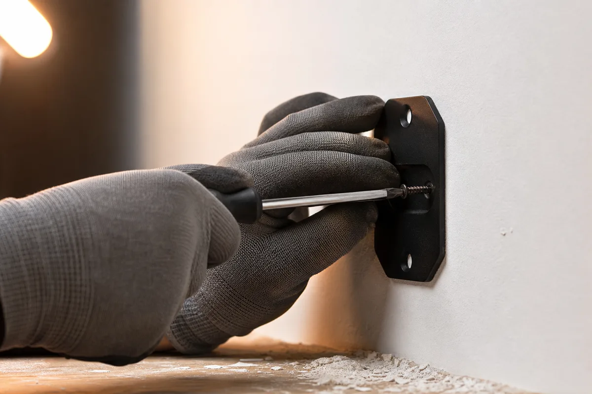 Mains gantées vissant une platine métallique sur un mur clair
