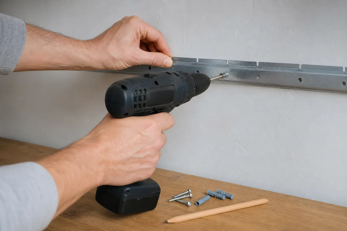 Mains vissant un rail de suspension métallique sur un mur de cuisine