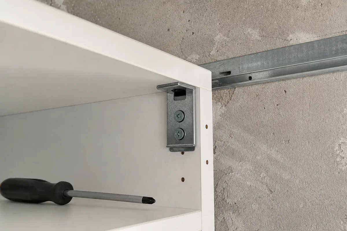 Suspente réglable accrochée sur son rail à l&rsquo;intérieur d&rsquo;un caisson blanc
