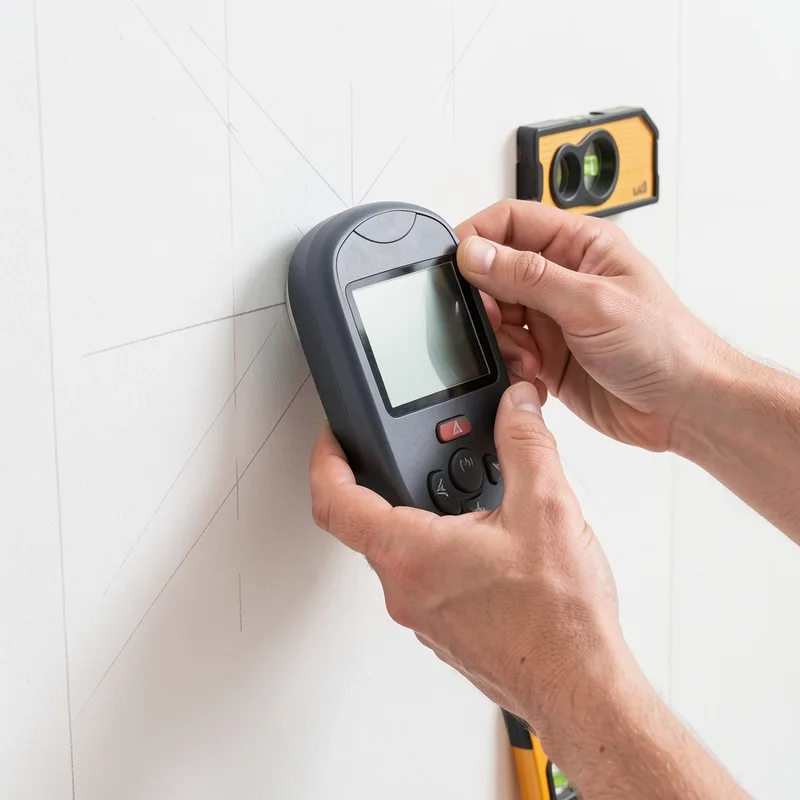 Détecteur de montants et tracé au crayon sur une cloison en plaque de plâtre avant perçage